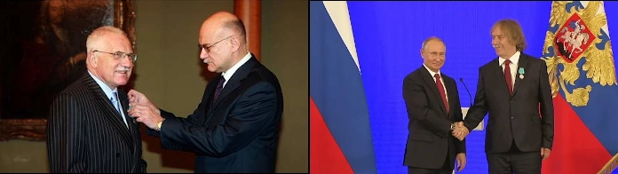 Václav Klaus a Jaromír Nohavica přebírají Puškinovu medaili, již jim udělil Vladimir Vladimirovič Putin